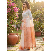 { "alt_text": "White linen cotton printed saree with unstitched blouse, 5.5Mtr, ethnic wear, Indian traditional clothing" }