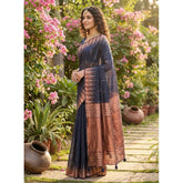 { "alt_text": "Navy blue linen cotton printed saree with unstitched blouse, 5.5m, ethnic wear, Indian traditional clothing" }