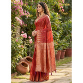 { "alt_text": "Red linen cotton printed saree with unstitched blouse, 5.5Mtr, ethnic wear for women" }
