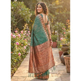 { "alt_text": "Green linen cotton printed saree with unstitched blouse, 5.5Mtr, ethnic wear, traditional Indian clothing" }