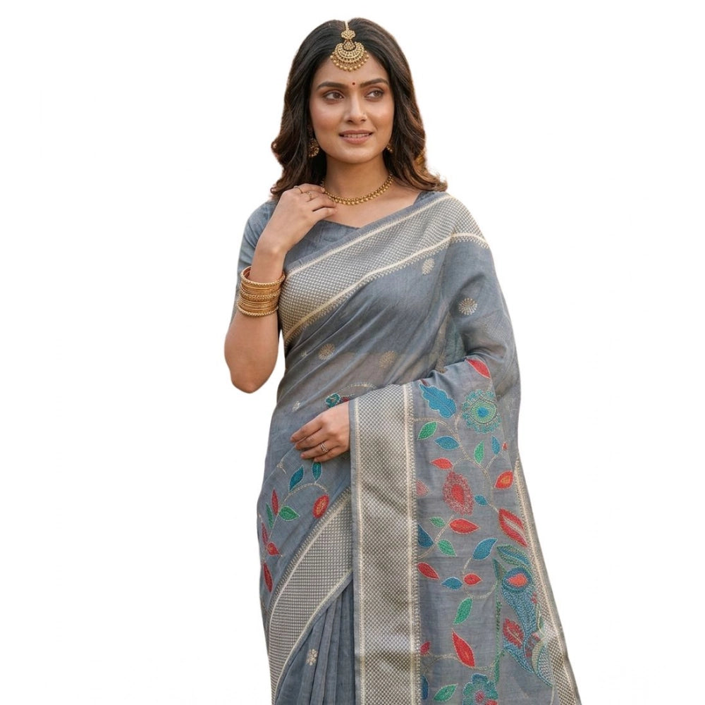 { "alt_text": "Gray linen cotton saree with floral embroidery, unstitched blouse, 5.5mtr ethnic wear for women" }