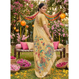 { "alt_text": "Yellow linen cotton saree with floral embroidery, unstitched blouse, 5.5mtr ethnic wear for women" }