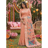 { "alt_text": "Peach linen cotton saree with floral embroidery, unstitched blouse, 5.5Mtr ethnic wear for women" }