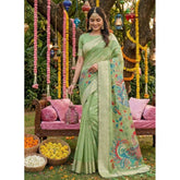 { "alt_text": "Light green linen cotton saree with floral embroidery, unstitched blouse, 5.5mtr ethnic wear" }