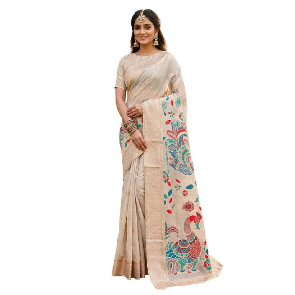 { "alt_text": "Cream linen cotton saree with floral embroidery, unstitched blouse, 5.5Mtr ethnic wear" }