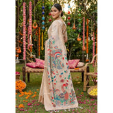 { "alt_text": "Cream linen cotton saree with floral embroidery, unstitched blouse, 5.5Mtr ethnic wear" }