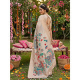 { "alt_text": "Cream linen cotton saree with floral embroidery, unstitched blouse, 5.5Mtr ethnic wear for women" }