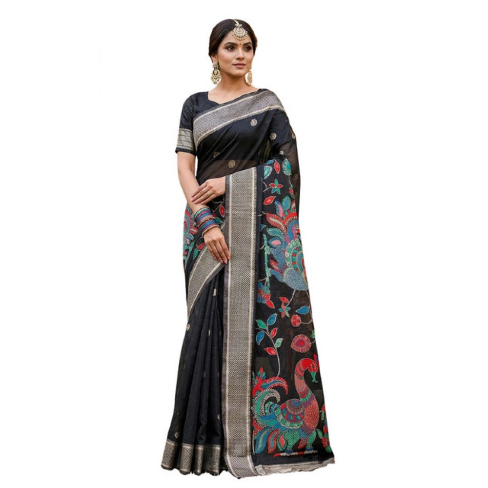 { "alt_text": "Black linen cotton saree with floral embroidery, unstitched blouse, 5.5Mtr ethnic wear" }