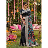 { "alt_text": "Black linen cotton saree with floral embroidery, unstitched blouse, 5.5mtr ethnic wear" }