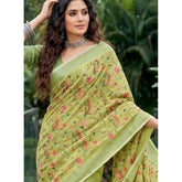 { "alt_text": "Light green linen saree with floral embroidery, unstitched blouse, 5.5mtr ethnic wear for women" }