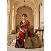 { "alt_text": "Multicolor Dola silk saree with embellishment, unstitched blouse, 5.5Mtr ethnic wear for women" }