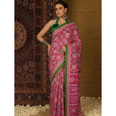 { "alt_text": "Pink crepe printed saree with unstitched blouse, 5.5m, ethnic wear, Indian fashion, traditional attire" }