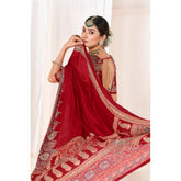 { "alt_text": "Maroon crepe printed saree with unstitched blouse, 5.5m, ethnic wear, Indian fashion" }