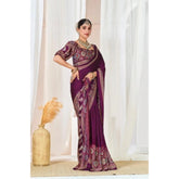 { "alt_text": "Wine crepe printed saree with unstitched blouse, 5.5Mtr, elegant ethnic wear for women" }