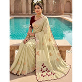 { "alt_text": "Beige-maroon georgette saree with star embellishment, unstitched blouse, 5.5mtr ethnic wear" }