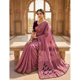 { "alt_text": "Dusty purple-blue georgette saree with star embellishment, unstitched blouse, 5.5mtr ethnic wear" }