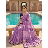 { "alt_text": "Lavender georgette saree with star embellishment, unstitched blouse, 5.5Mtr ethnic wear for women" }