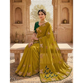 { "alt_text": "Mustard georgette saree with star embellishment, unstitched blouse, 5.5Mtr ethnic wear for women" }