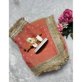{ "alt_text": "Peach silk embellished saree with unstitched blouse, 5.5Mtr, traditional Indian ethnic wear" }
