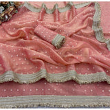 Women's Silk Embellished Saree With Unstitched Blouse 5.5Mtr (Peach)