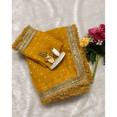 { "alt_text": "Yellow silk embellished saree with unstitched blouse, 5.5Mtr, traditional Indian ethnic wear" }
