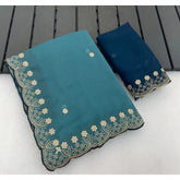 { "alt_text": "Blue georgette embroidered saree with unstitched blouse, star print ethnic wear, 5.5 meter Indian clothing" }