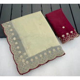 { "alt_text": "Off white georgette embroidered saree with unstitched blouse, star pattern ethnic wear, 5.5 meter Indian clothing" }
