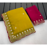 { "alt_text": "Yellow georgette embroidered saree with unstitched blouse, star print ethnic wear, 5.5 meter Indian clothing" }