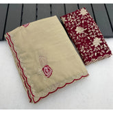{ "alt_text": "Cream georgette embroidered saree with unstitched blouse, star pattern ethnic wear, 5.5 meter Indian clothing" }