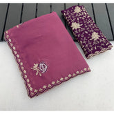 { "alt_text": "Pink georgette embroidered saree with unstitched blouse, star print ethnic wear, 5.5 meter Indian clothing" }