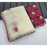 { "alt_text": "White georgette embroidered saree with unstitched blouse, star pattern ethnic wear, 5.5 meter Indian clothing" }
