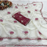 Women's Star Georgette Embroidered Saree With Unstitched Blouse 5.5Mtr (White)