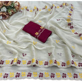 { "alt_text": "Beige-Red georgette saree with embroidered design, 5.5Mtr unstitched blouse, ethnic wear fashion" }