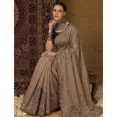 { "alt_text": "Brown viscose silk embroidered saree with unstitched blouse, 5.5Mtr ethnic wear for women" }