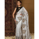 { "alt_text": "Grey viscose silk embroidered saree with unstitched blouse, 5.5Mtr ethnic wear, Indian traditional clothing" }