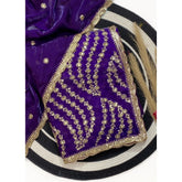 { "alt_text": "Purple satin embellished saree with unstitched blouse, 5.5m, traditional Indian ethnic wear" }
