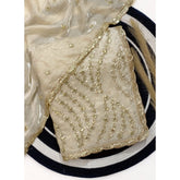 { "alt_text": "Cream satin embellished saree with unstitched blouse, 5.5m, traditional Indian ethnic wear" }