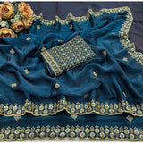 Women's Satin Embellished Saree With Unstitched Blouse 5.5Mtr (Teal)