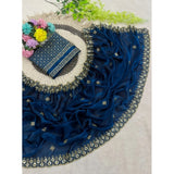 Women's Satin Embellished Saree With Unstitched Blouse 5.5Mtr (Teal)