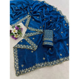 Women's Satin Embellished Saree With Unstitched Blouse 5.5Mtr (Teal)