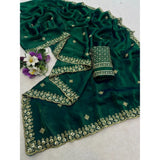 Women's Satin Embellished Saree With Unstitched Blouse 5.5Mtr (Green)