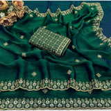 Women's Satin Embellished Saree With Unstitched Blouse 5.5Mtr (Green)