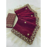 { "alt_text": "Maroon satin embellished saree with unstitched blouse, 5.5m, traditional Indian ethnic wear" }