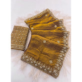 { "alt_text": "Mustard satin embellished saree with unstitched blouse 5.5m, traditional Indian ethnic wear" }