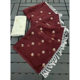 { "alt_text": "Maroon georgette saree with embellishment, unstitched blouse, 5.5Mtr ethnic wear for women" }