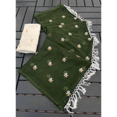 { "alt_text": "Green georgette saree with embellishment, unstitched blouse, 5.5Mtr ethnic wear for women" }