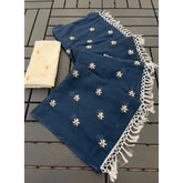 { "alt_text": "Navy georgette saree with embellishment, unstitched blouse, 5.5 meter ethnic wear for women" }
