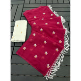 { "alt_text": "Pink georgette saree with embellishment, unstitched blouse, 5.5 meter ethnic wear for women" }