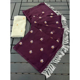 { "alt_text": "Wine georgette saree with embellishment, unstitched blouse, 5.5Mtr ethnic wear for women" }
