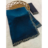 { "alt_text": "Navy satin embellished saree with unstitched blouse 5.5m, traditional Indian ethnic wear" }